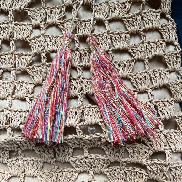 MACRAMÉ RAFFIA NATURAL FIBERS TOTE BEACH BAG LARGE EUC - Picture 2 of 6